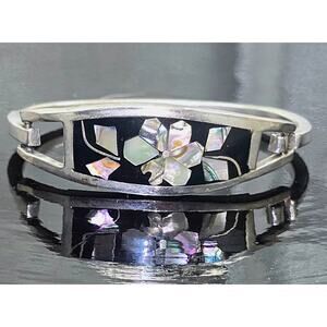 Vintage Infant Alpaca Hinged Abalone MOP Inlay Silvertone Bracelet Signed Mexico